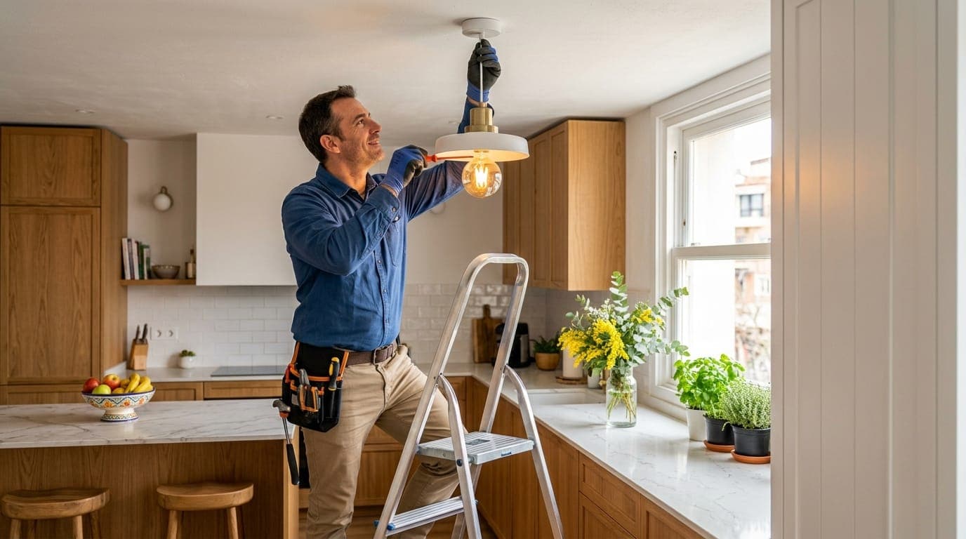 Electrician on a stepladder installing a pendant light in a modern kitchen
